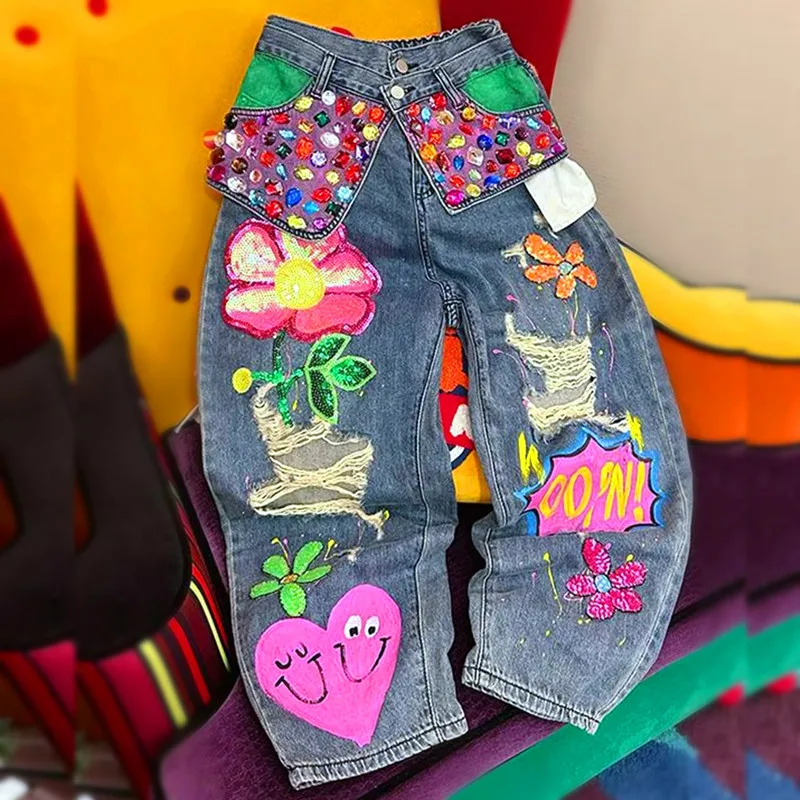 Ins Women BF Ripped Holes Jeans Denim Flowers Graffit Print Handmade Sequined Floral Appliques Street Denim Trousers Pants NZ303