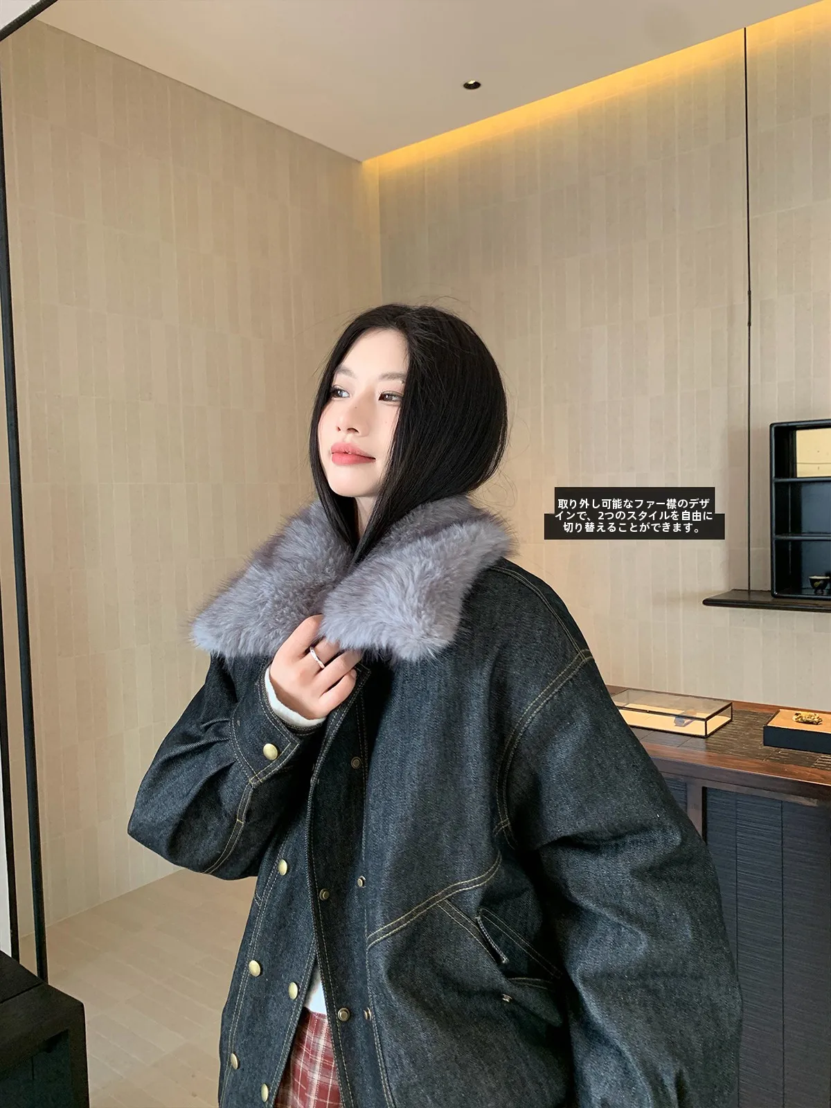 

Джинсовая куртка-парка Joeyoo Spring New с отстегивающимся меховым воротником, свободного кроя, утепленная, универсальная, повседневная, с воротником-стойкой, для женщин