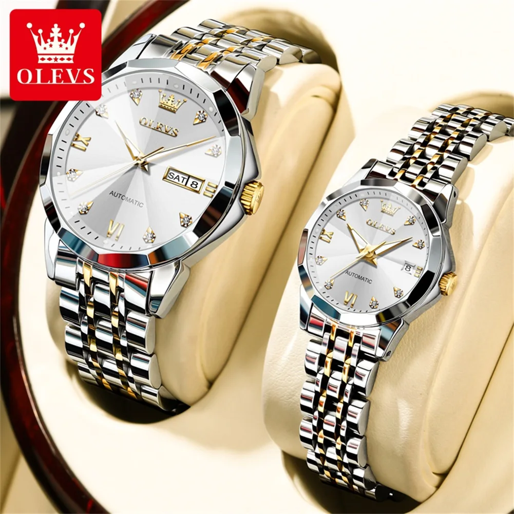 

OLEVS Original Mechanical Couple Watches for Men Women Diamond Coated Mirror Dual Calendar Waterproof Lover's Wristwatches 2024