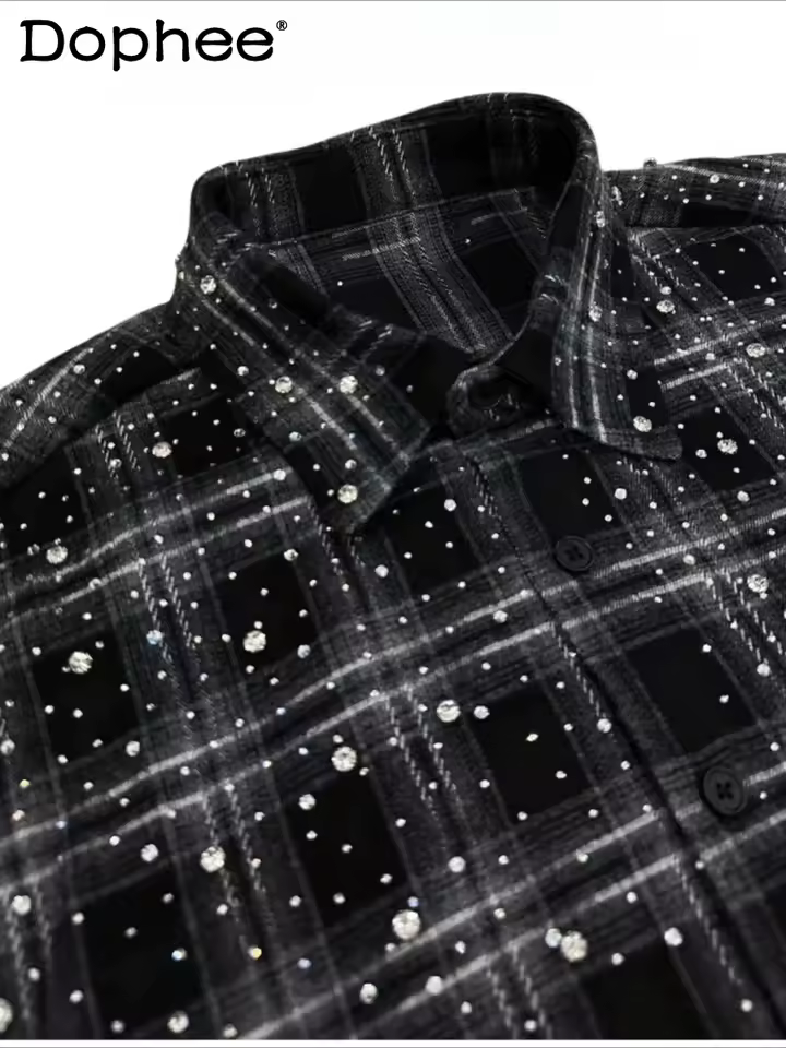 Male Original 2024 Autumn New Hot Diamond Beads Diamond Plaid Men's Women's Long-sleeve Shirts Trendy Light Luxury Shirts Jacket - AliExpress 