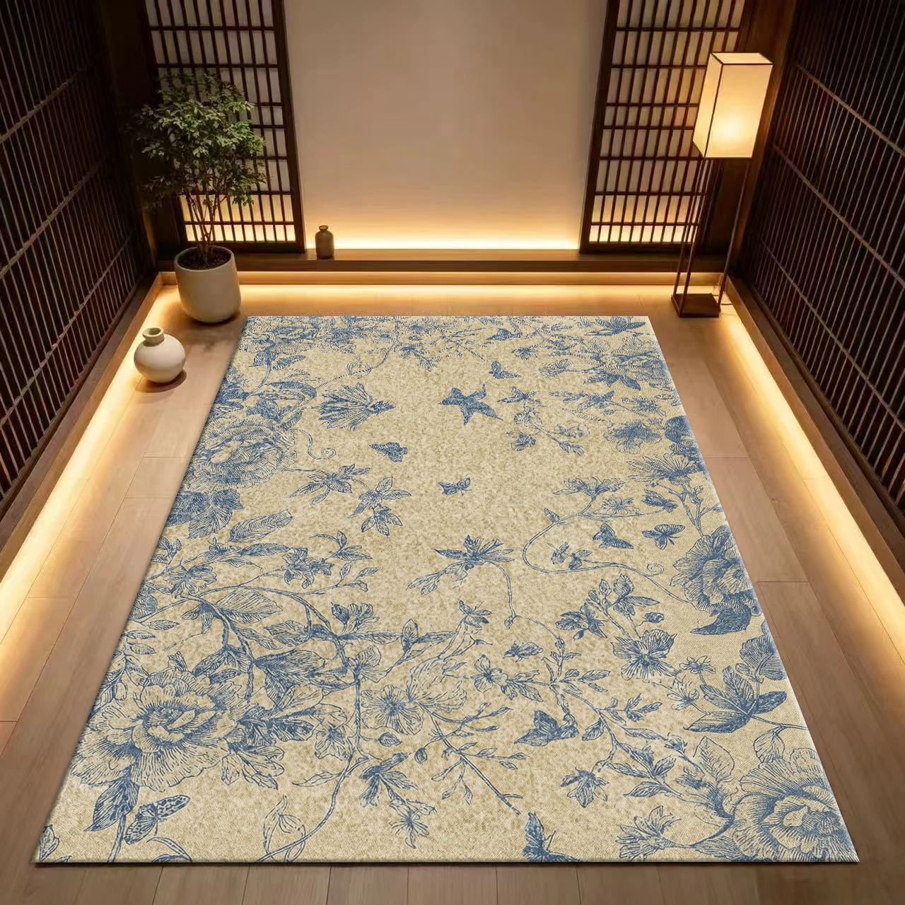 Vintage Blue Sketch Floral Butterfly Area Rug Retro Botanical Print Large Carpet for Living Room Bedroom Home Decoration