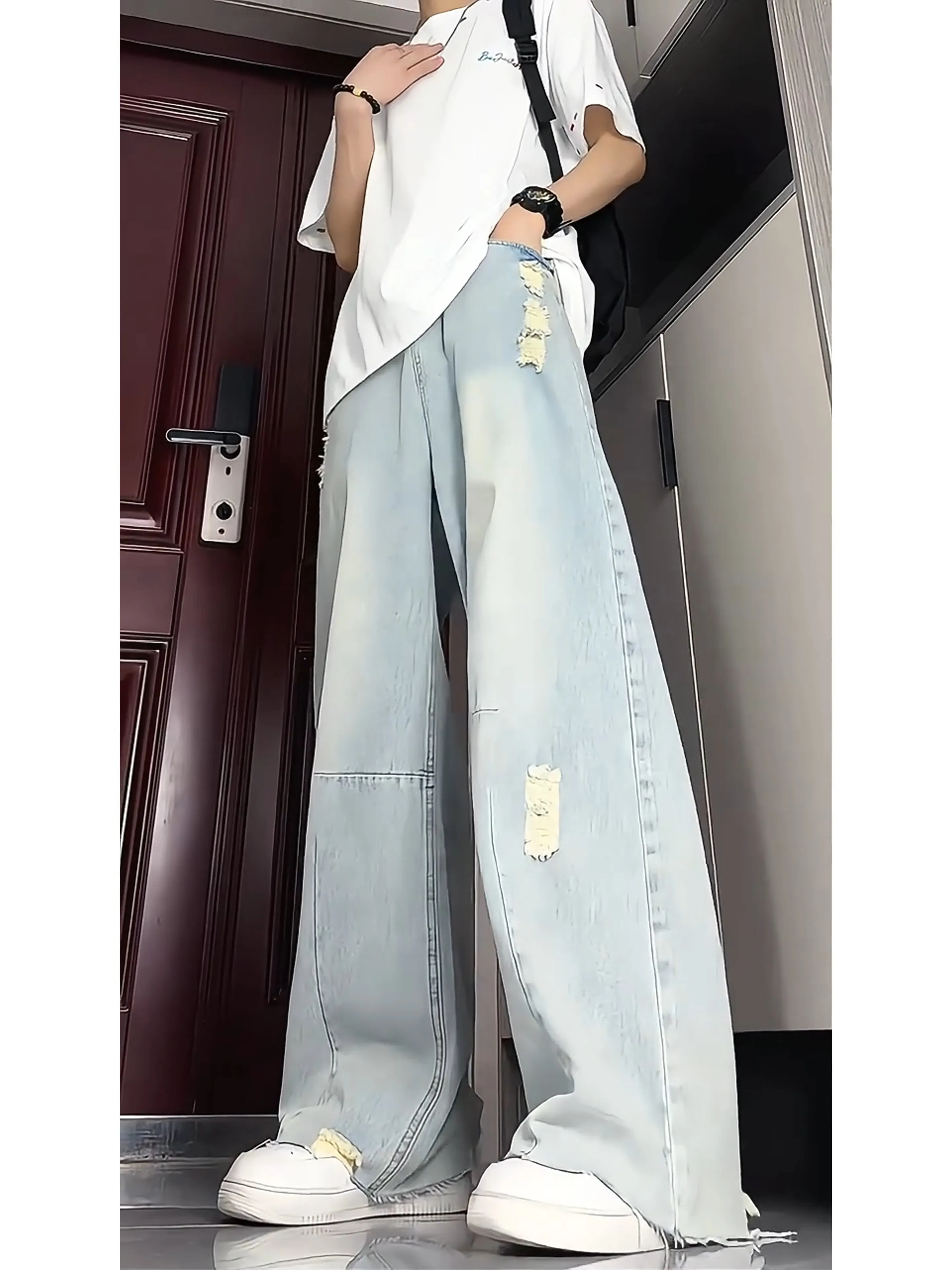 Blue Ripped Wide Leg Jeans Men Summer Loose Slimming mid Waist Straight Cut Denim Pants Teens Casual Straight Leg Trousers