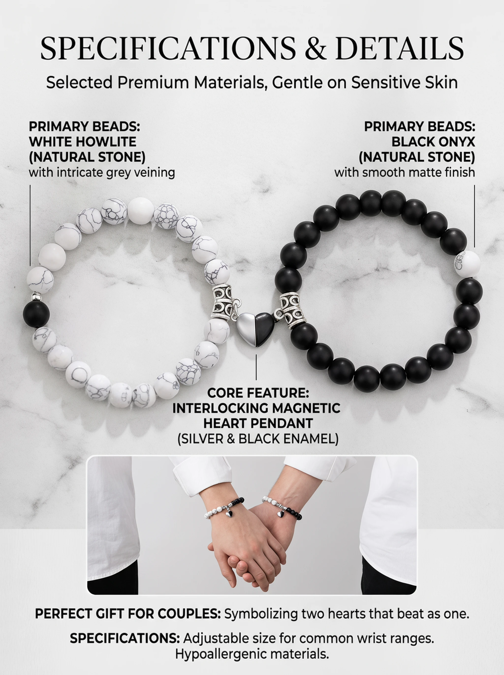 2Pcs/Set Natural Stone Beaded Heart Magnet Attraction Couple Bracelets For Women Men Simple Love Relationship Bracelet Jewelry