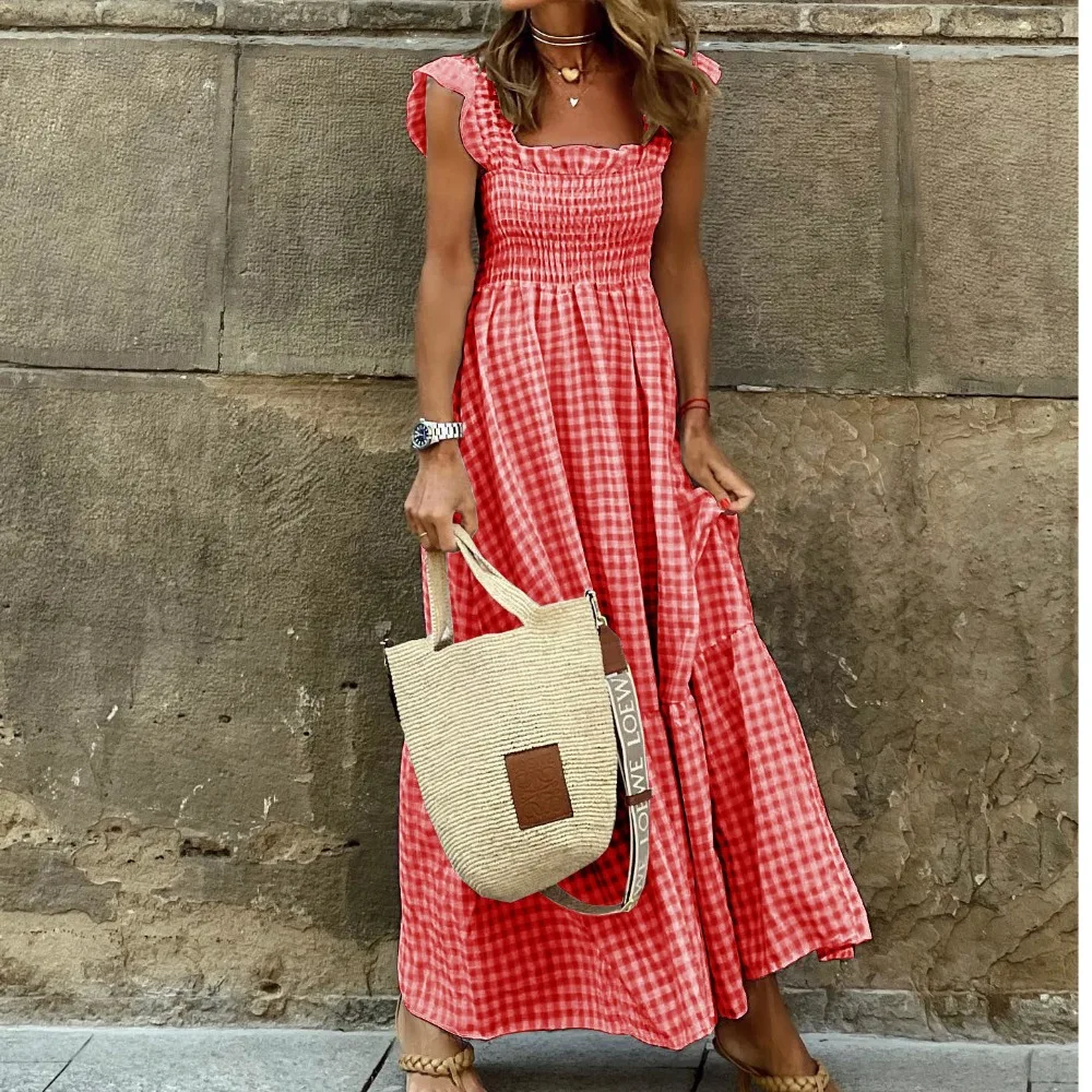 Vestido de tirantes con volantes para mujer, traje holgado de cintura alta elástica, sin mangas, plisado, para fiesta