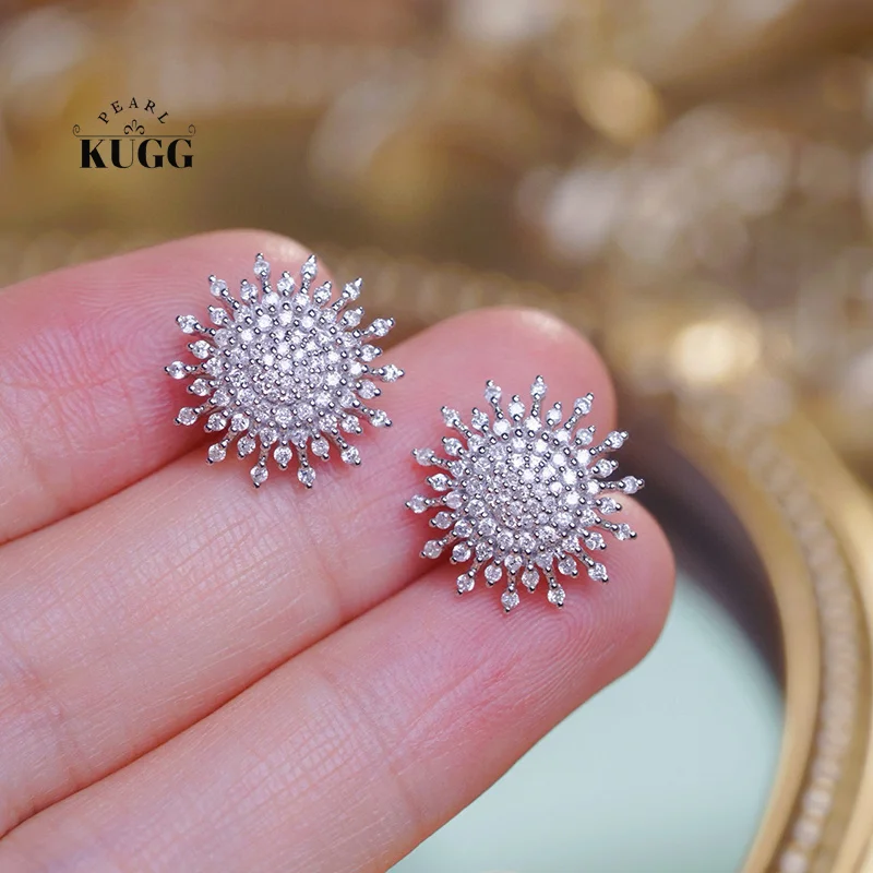 KUGG 100% 18K White Gold Earrings Shiny Snowflake Shape 0.70carat Real Natural Diamond Earrings for Women High Wedding Jewelry