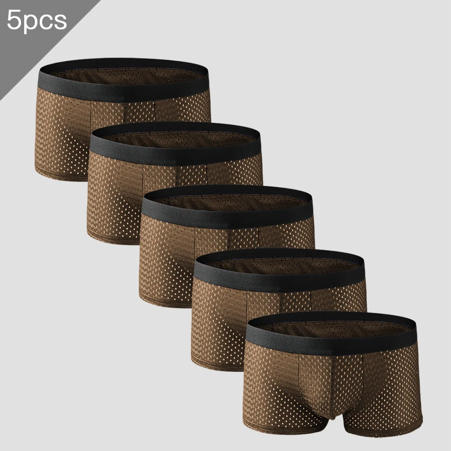 

5PCS Men's underwear: Silk screen holes, breathable, transparent, sexy, short, flat-angled, summer, thin style