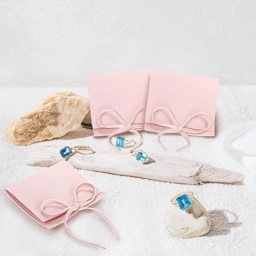 with String Microfiber Jewelry Pouch Pink Envelope Style Luxury Jewelry Package Bags Bow Tie Bag Bracelet Packaging