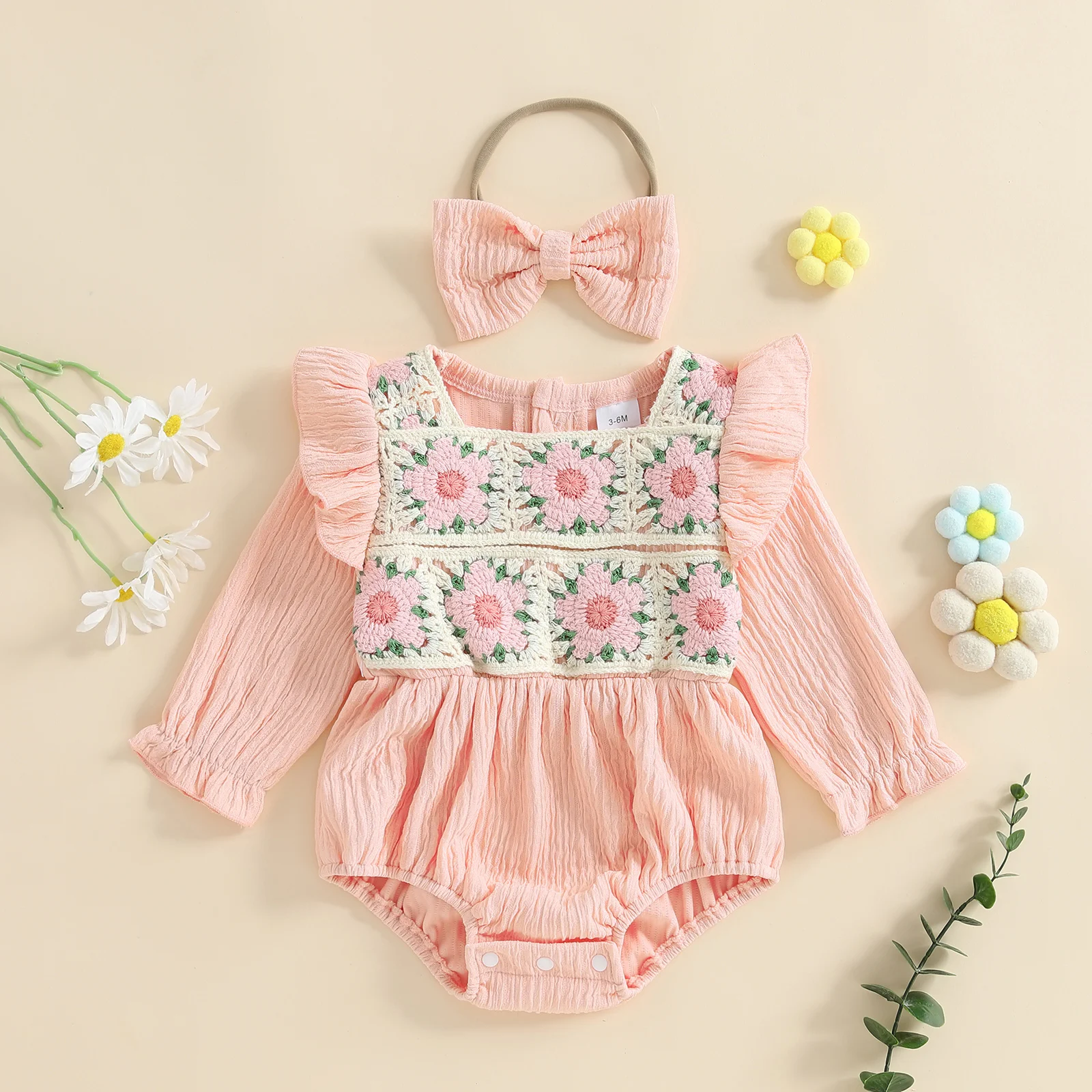 

Baby Girls Crochet Floral Romper Ruffled Long Sleeves Jumpsuits and Cute Headband Set for Toddler Infant Outfits