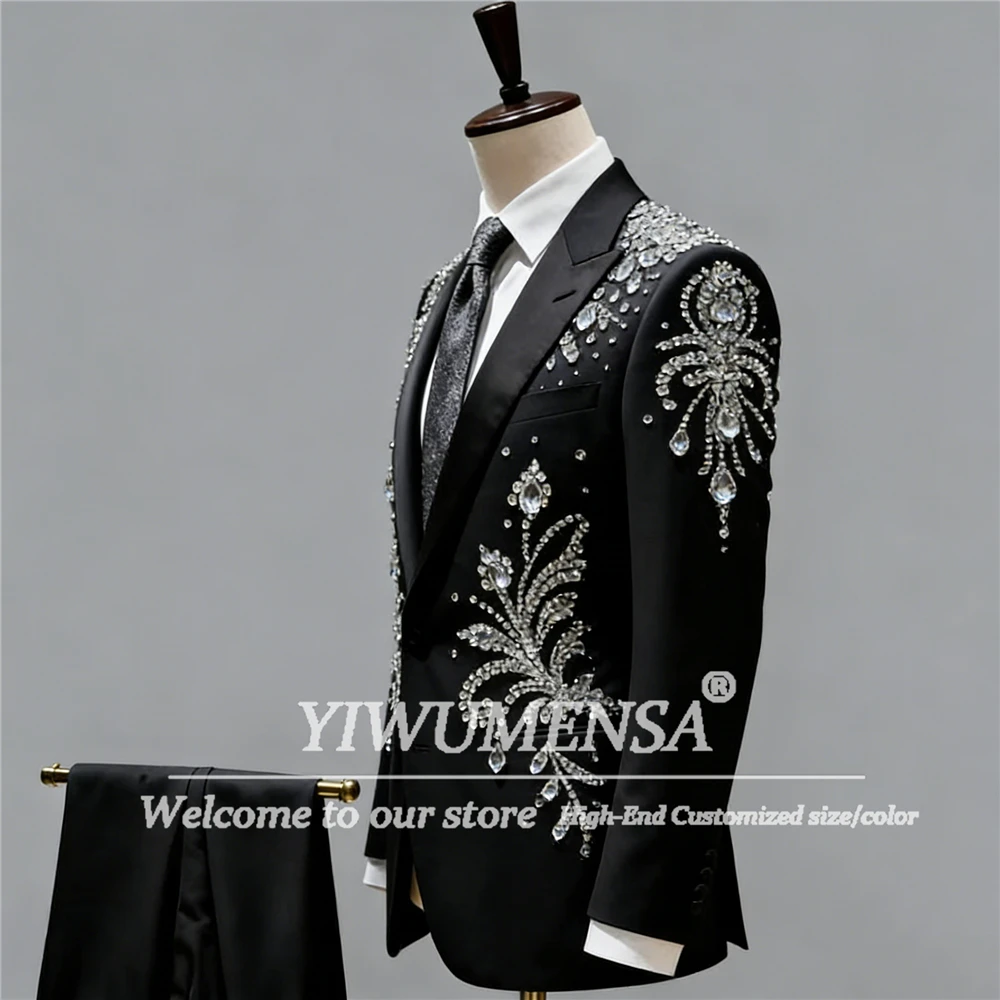 Luksusowy garnitur z diamentowymi zdobieniami dla mężczyzn, biżuteria, smoking dla pana młodego, na wesele, szyty na miarę, marynarka i spodnie, 2-częściowy zestaw, Trajes Para Hombre