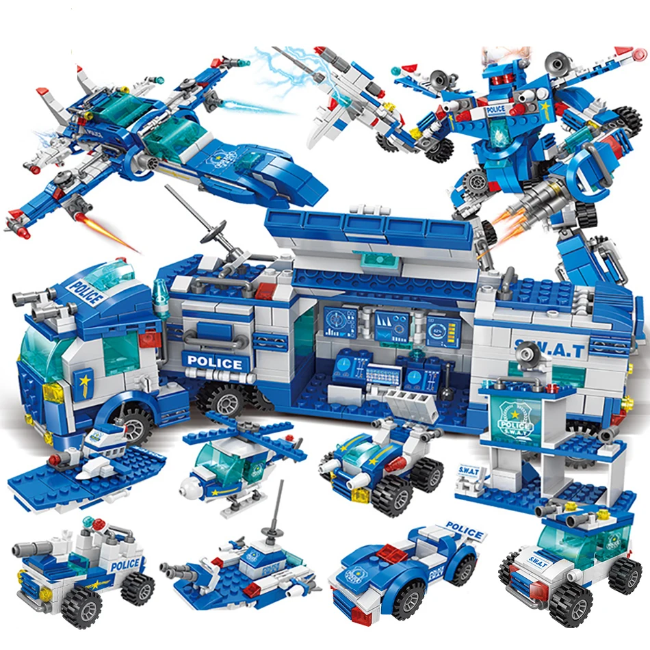 

729Pcs 8 IN 3 City SWAT Police Building Blocks Truck Station Robotic Armor Vehicle Bricks Policemen Figures Toys For Children