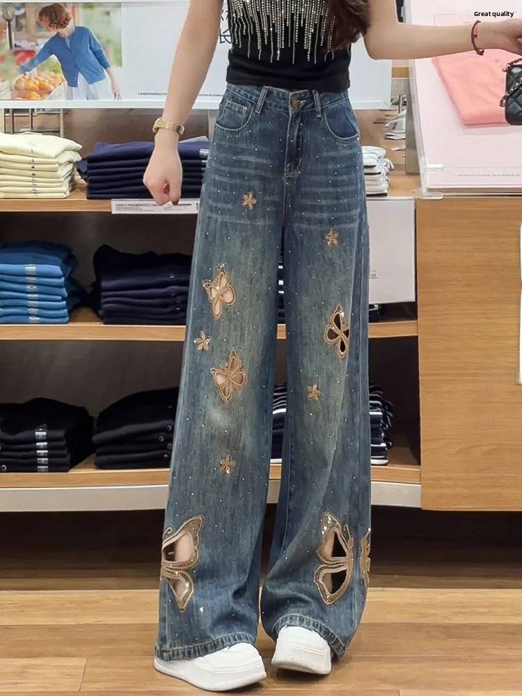 

Summer Thin Embroidered Hollow out Rhinestone High Waist Slimming Wide Leg Jeans Women's Casual High Waist Long Pants