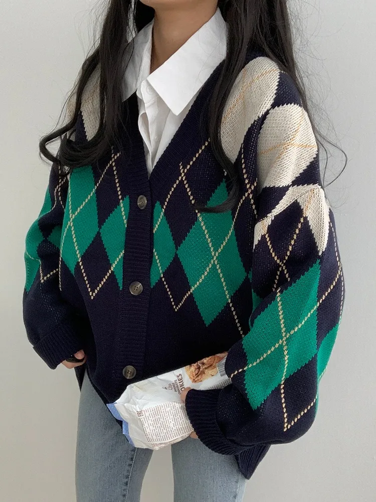 

Шикарный свободный свитер ранней осени с v-образным вырезом на одной пуговице, длинный вязаный свитер свера с ромбовидным узором, женская верхняя одежда