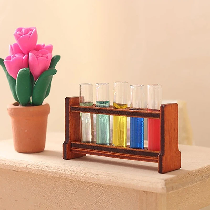 1Set 1:12 Miniature Dollhouse Color Test Tube w/Rack Model Doll House Laboratory Scene Decor Toy Accessories Kids Pretend Play