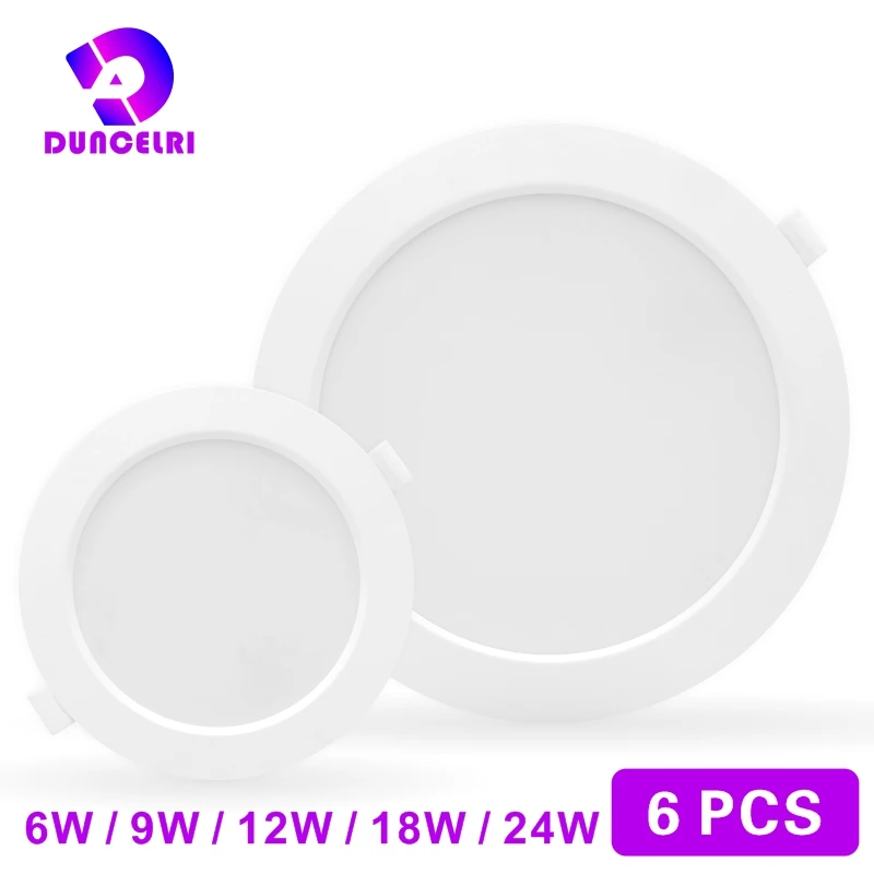 6 sztuk/partia wbudowana lampa sufitowa 6W 9W 12W 18W 24W Led Downlight 220V 3/4/6/8 cala okrągły Panel Led W dół światła reflektorów