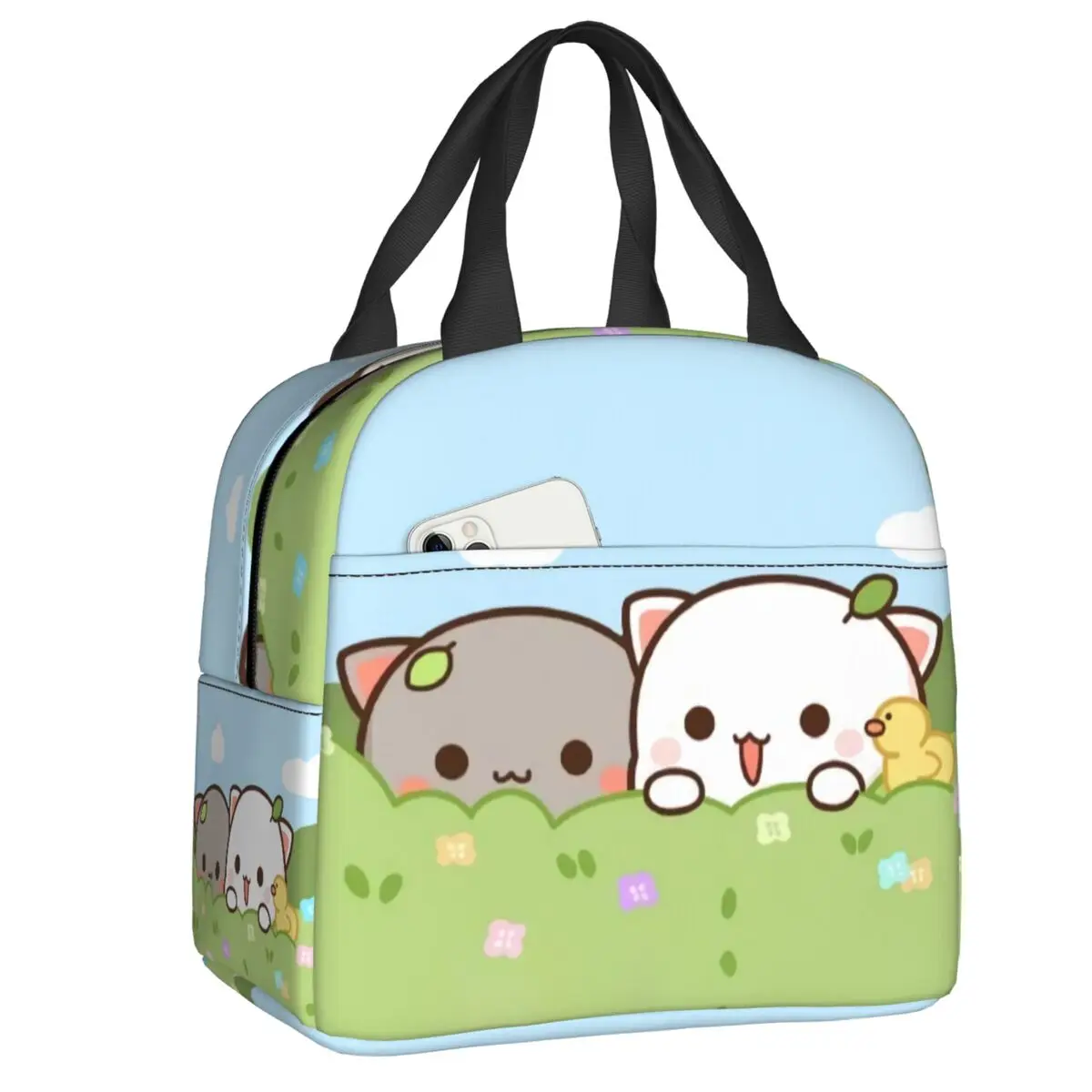 

Peach And Goma Insulated Lunch Bags for Work School Picnic Cartoon Mochi Cat Leakproof Cooler Thermal Lunch Box Women Kids