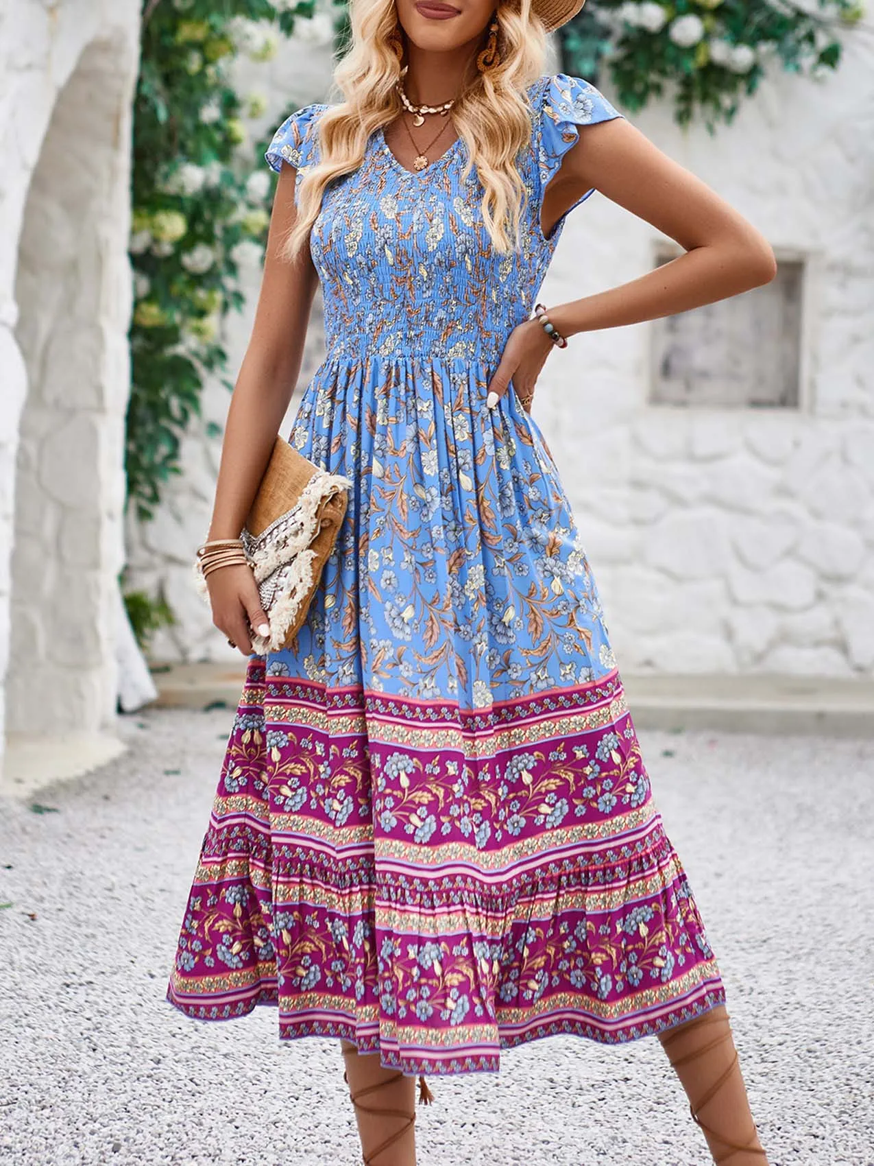 Boho Lange Jurken Vrouwen Vintage Bloemenprint Jurk Dames Zomer Korte Mouw Zonnejurk Dames Elegante Geplooide Strand Vestidos