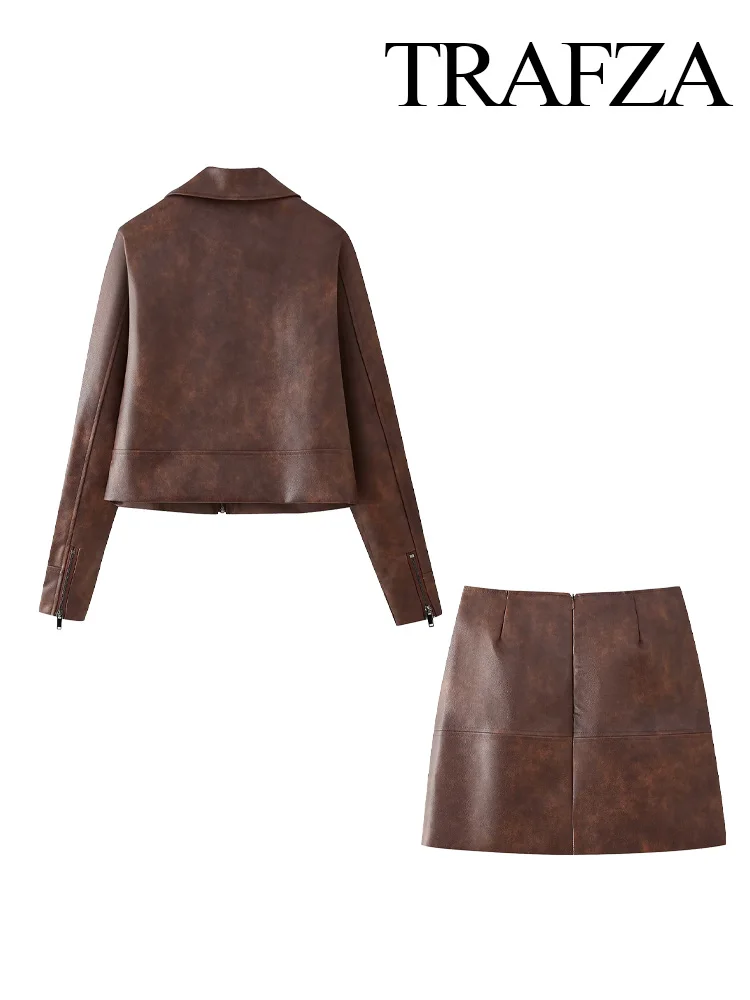 TRAFZA-Jupe en cuir à manches longues pour femme, mini jupe vintage, manteau à col rabattu, poche solide, décoration élégante avec fermeture éclair imbibée