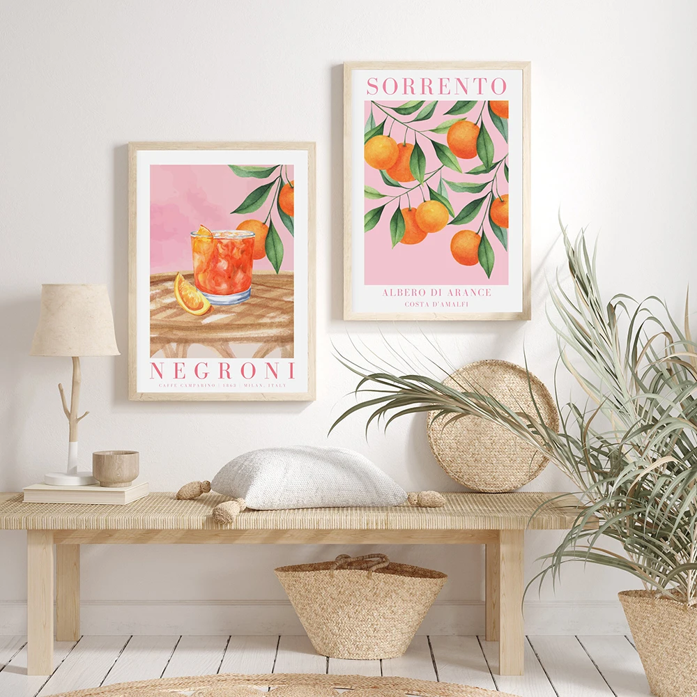 Cartoon Fruit Juice Mojito Posters and Print Sorrento Drink Negroni Orange Canvas Painting Club Bar Shop Kitchen Home Decoration