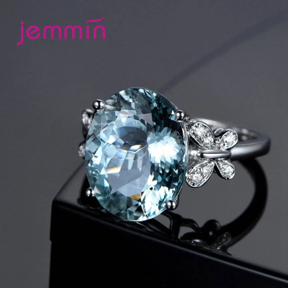 

Fashion Round Butterfly Finger Wedding Rings For Women Big Ocean Blue CZ Crystal Fine Ring Fashion Jewelry Dropshipping