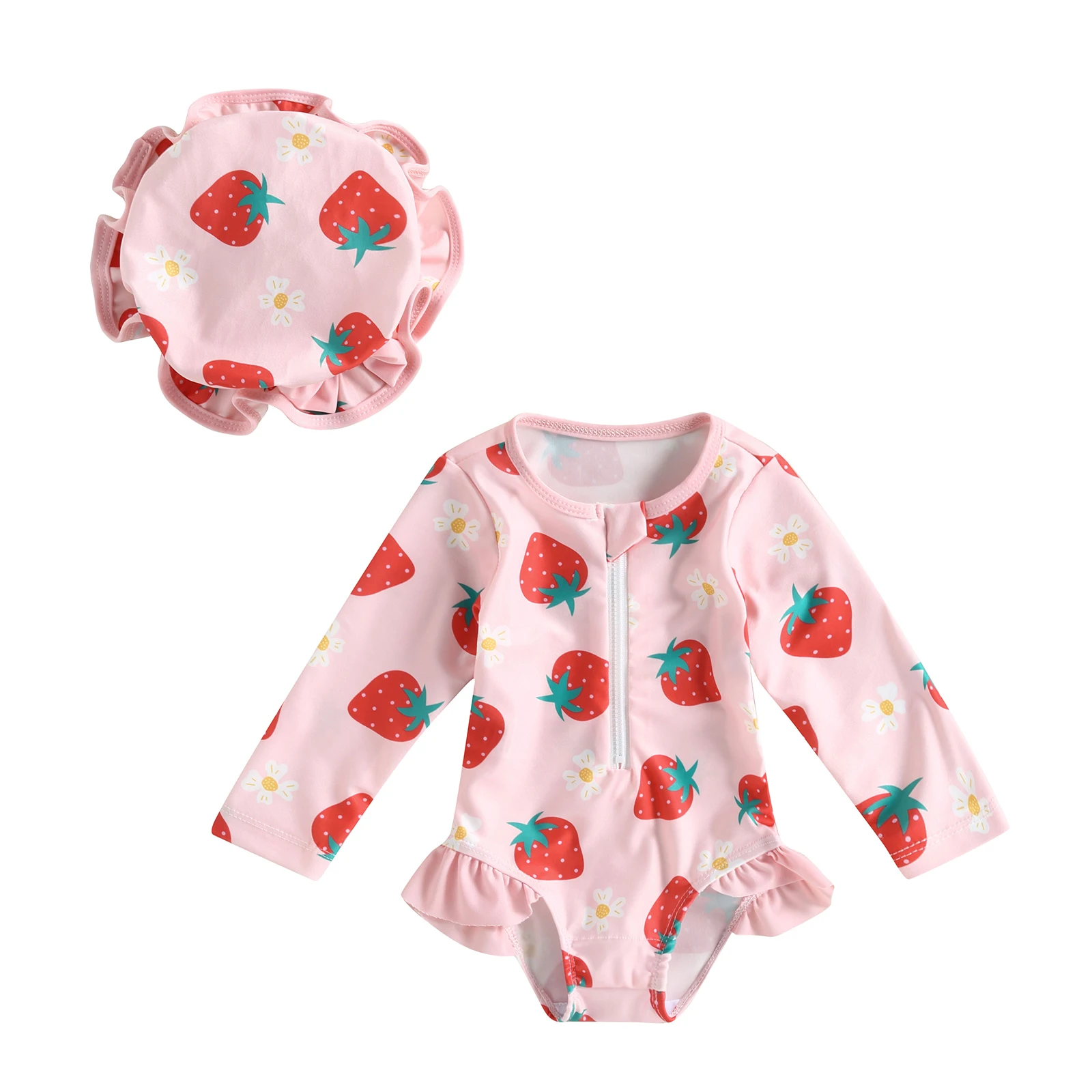 BeQeuewll Toddler Girl Rash Guard Swimsuit For Summer Long Sleeve Strawberry Print Bathing Suit And Sun Hat