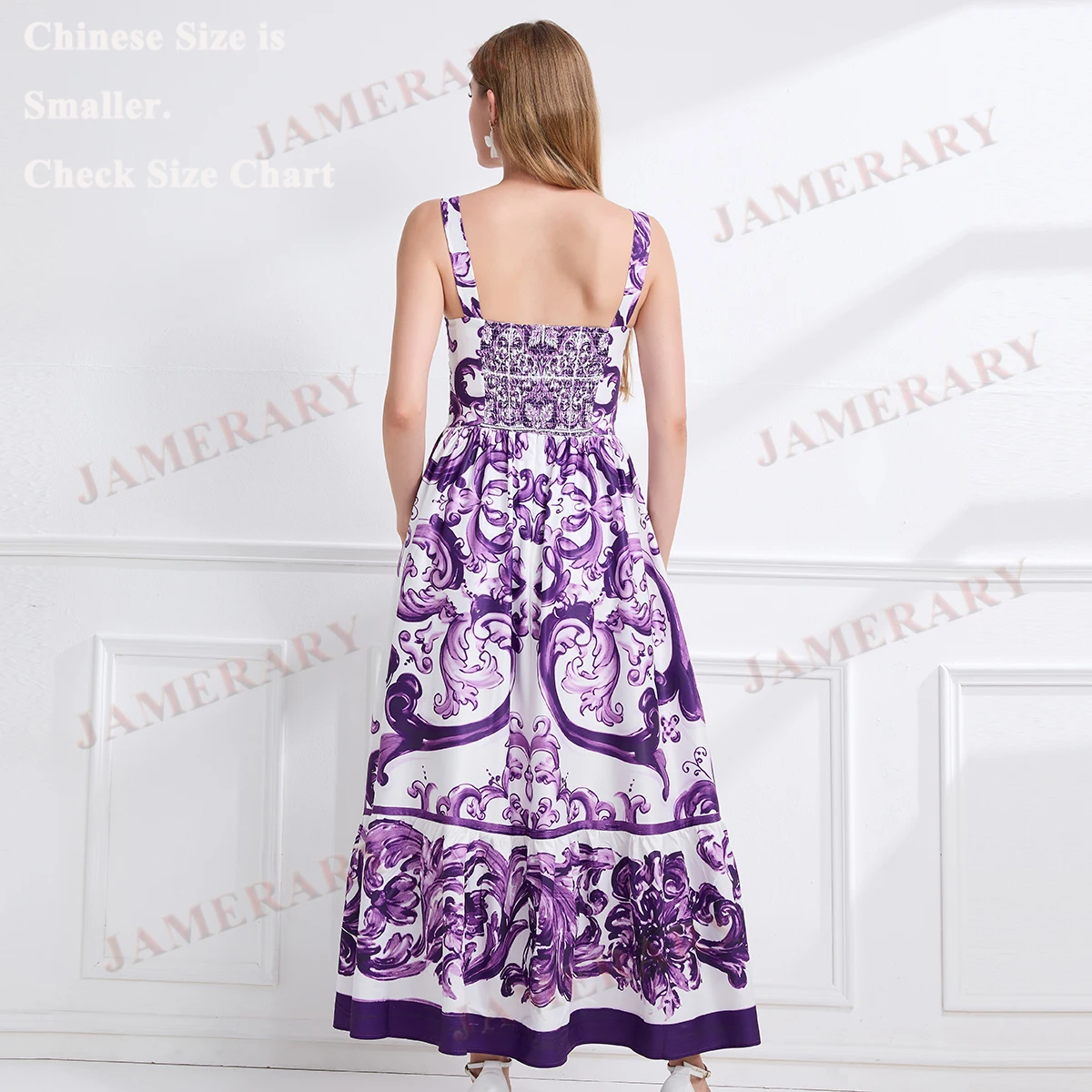Sommer Floral Print Lange Kleider Frauen Strap Sommerkleid Lila Weiß Porzellan Druck Elastische Zurück Strand Maxi Kleid Mode Elegant