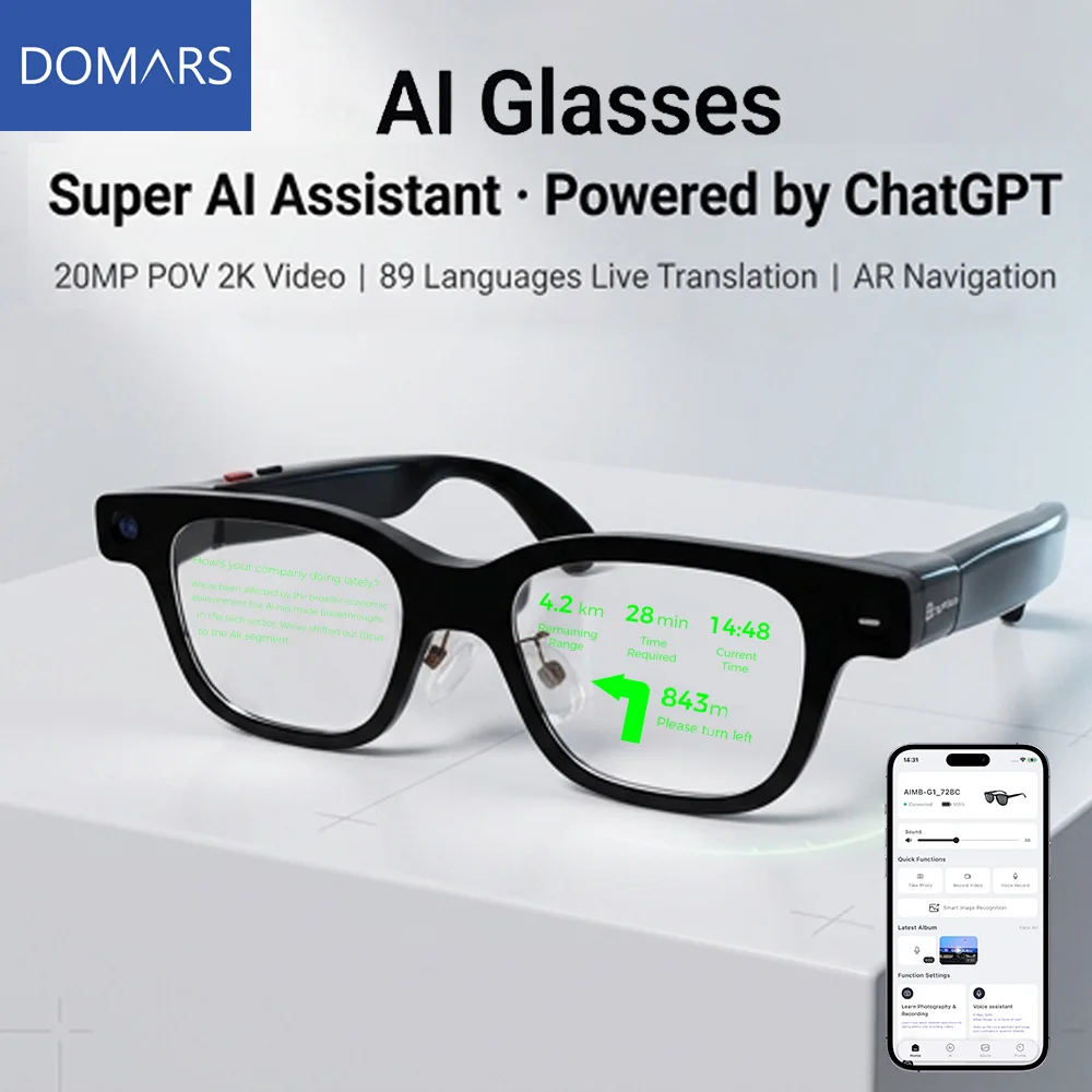 Domars AR Smart Glasses AI Real-Time 168 Languages Translation HUD Subtitle Speech Teleprompter for Meeting Travel