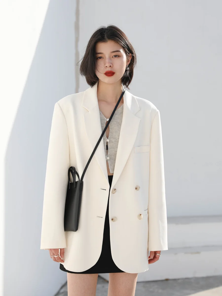 Fashion Women's Blazer Office Lady Long Sleeve Double-breasted Mid-length Casual Coat Ladies College Style Coat Korean Loose Top