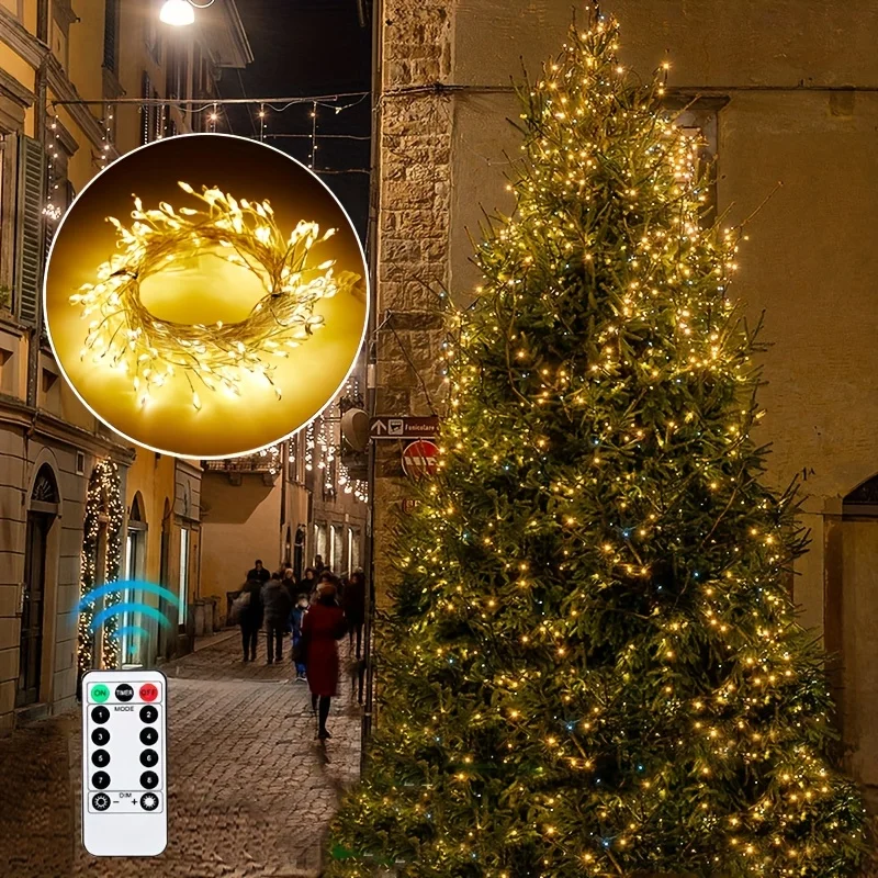 Lampu Hias Natal dengan Remote Control Timer 200LEDs, Lampu String Fleksibel dengan Kawat Perak untuk Kamar Tidur Asrama Pernikahan