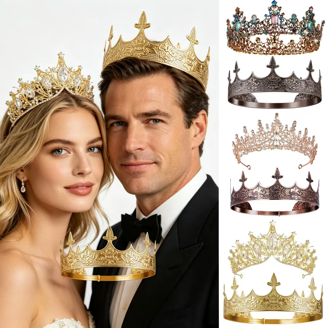 2PCS Couple King and Queen Crown Set, suitable for couples, graduation dance, birthday, wedding hair accessories