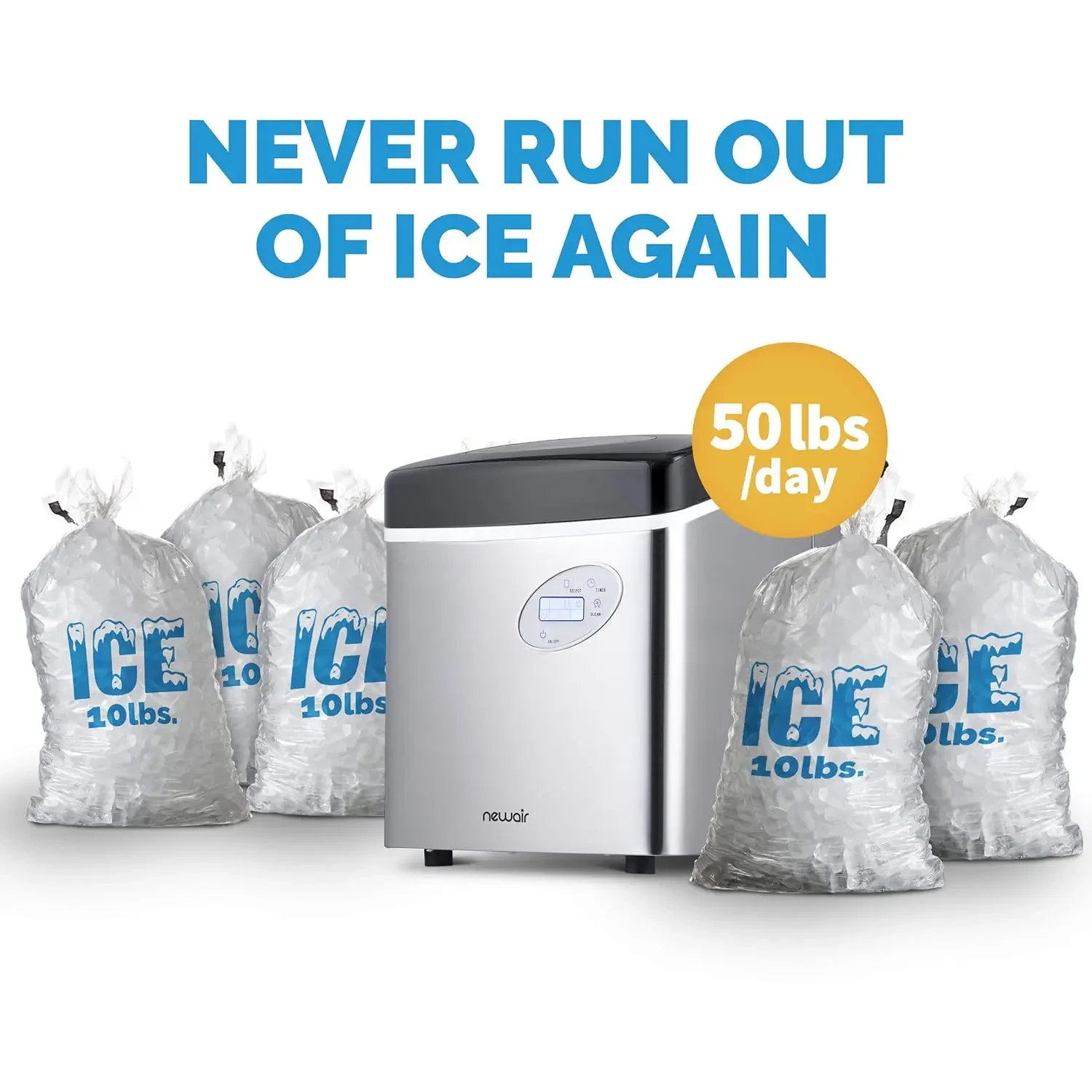 Newair Portable Ice Maker 50 lb. Daily, 12 Cubes in Under 7 Minutes - Compact Countertop Design - 3 Size Bullet Shaped Ice -