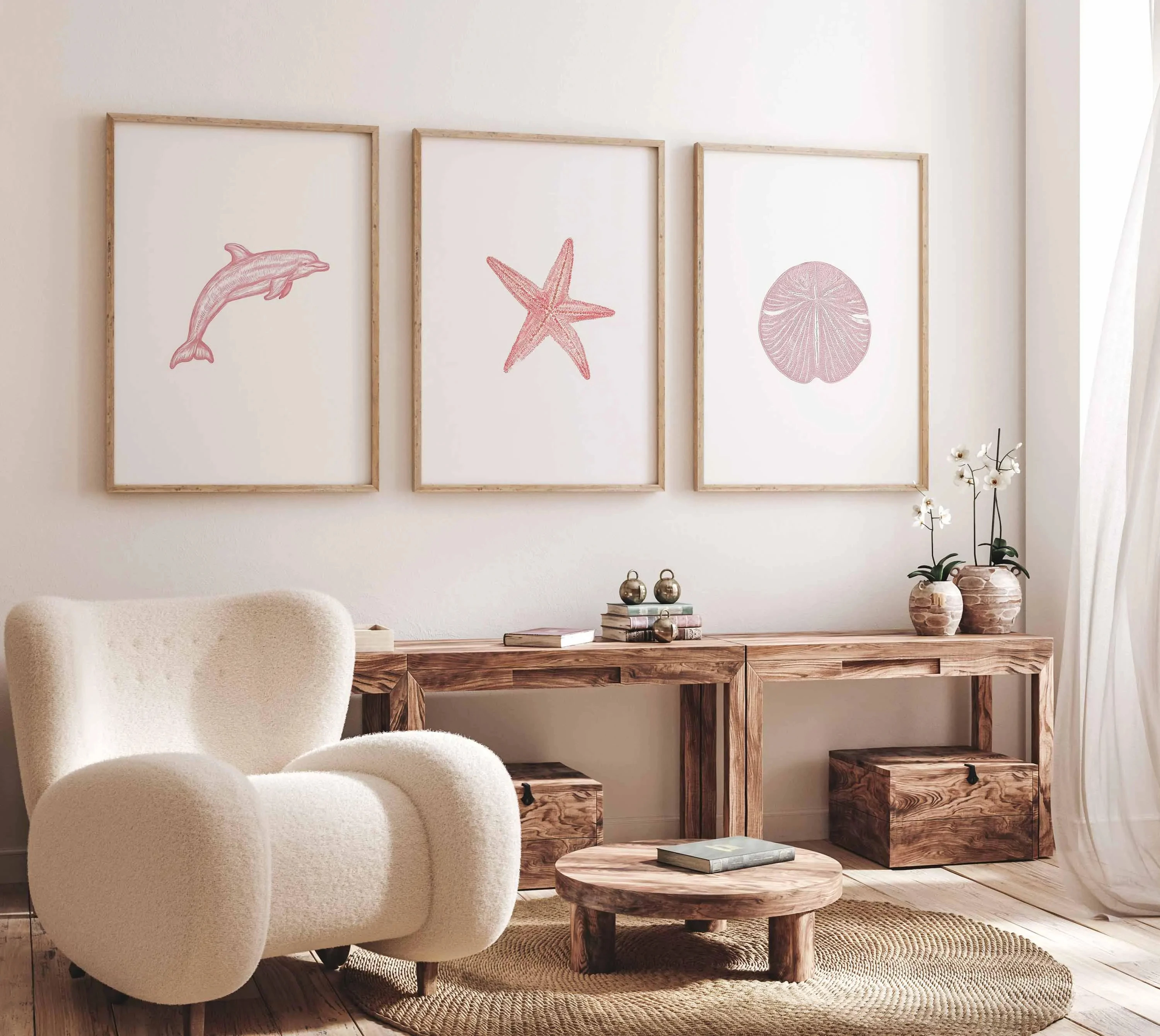 3PCS Large-sized frameless canvas paintings,Set of 3 Pink Coastal Wall Art Prints,Dolphin Starfish Sand Dollar Poster Set,Minima