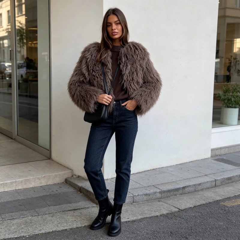 Women Faux Fur Jacket Thick Warm Short Coats Winter 2026 Open Stitch Jackets Round Neck Full Sleeve Casual Spliced Streetwear