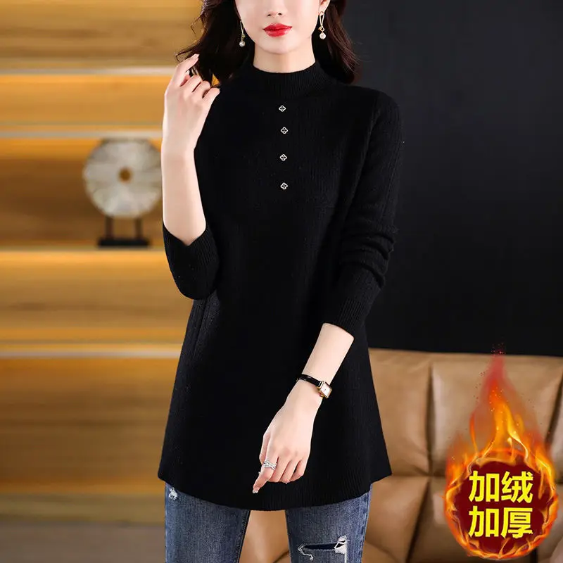 

Long Knitwear Skirt New Coat Autumn Winter 2026High-Quality Sweater Women Plus Velvet Mother Pullover Loose Bottoming Top Female