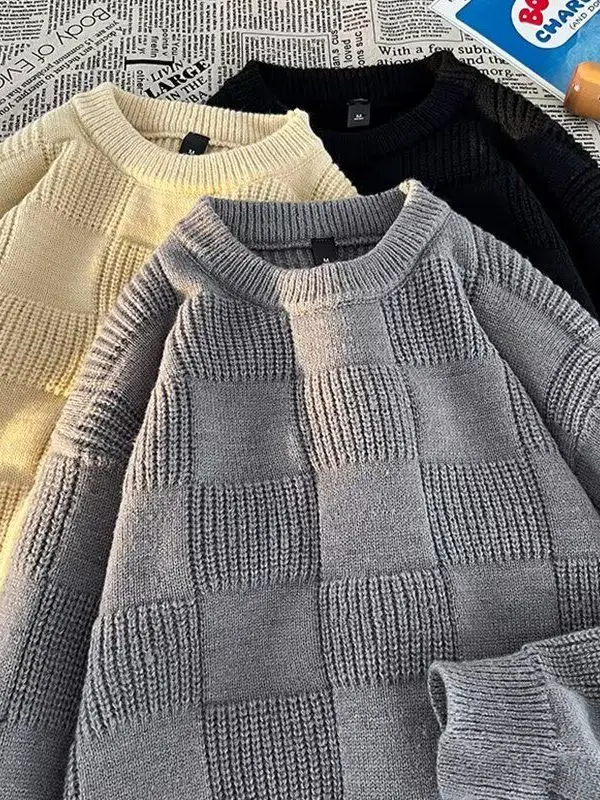 

Мягкий круглый мужской вязаный свитер Thiened Ne, зимний теплый клетчатый базовый свитер премиум-класса, свободный крой, винтажный длинный све