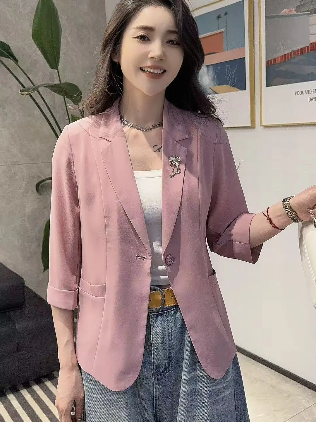 

Slim Fit Lightweight Summer New Style Women's Jacket Three Quarter Sleeve Design Sense Casual Fashion Top