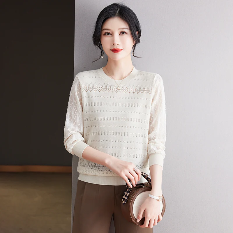 

Faionable Thin Knitted Sweater for Middle-Aged And ly Women Spring Autumn Sle Mommy Wide Lady Trendy Anti-Aging Top
