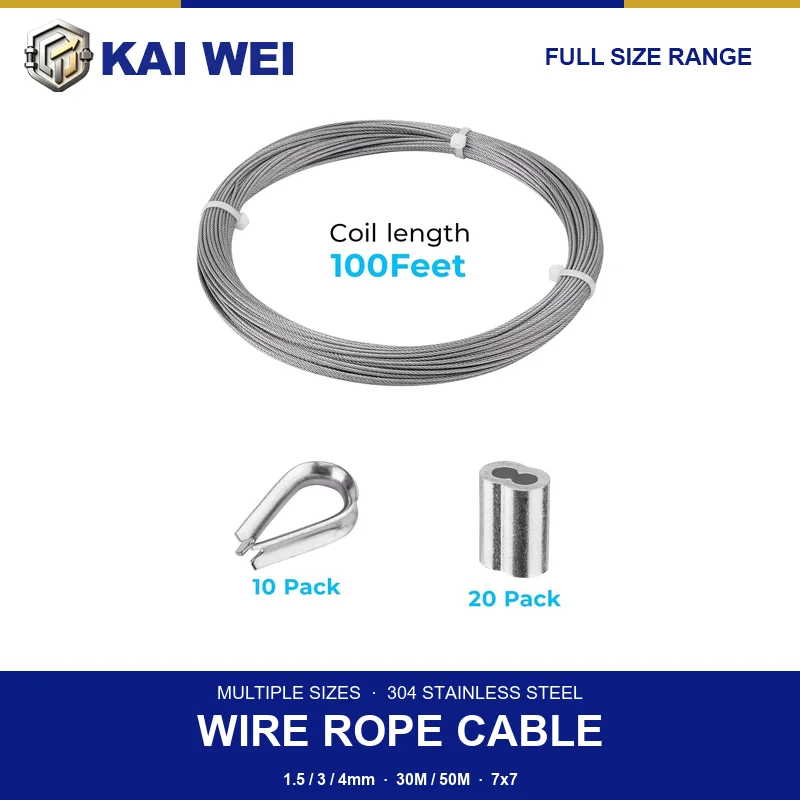 304 Stainless Steel Wire Rope Cable 1.5mm 3mm 4mm 30m 50m 100ft 7x7 Aluminum Sleeves Thimbles Railing Garden