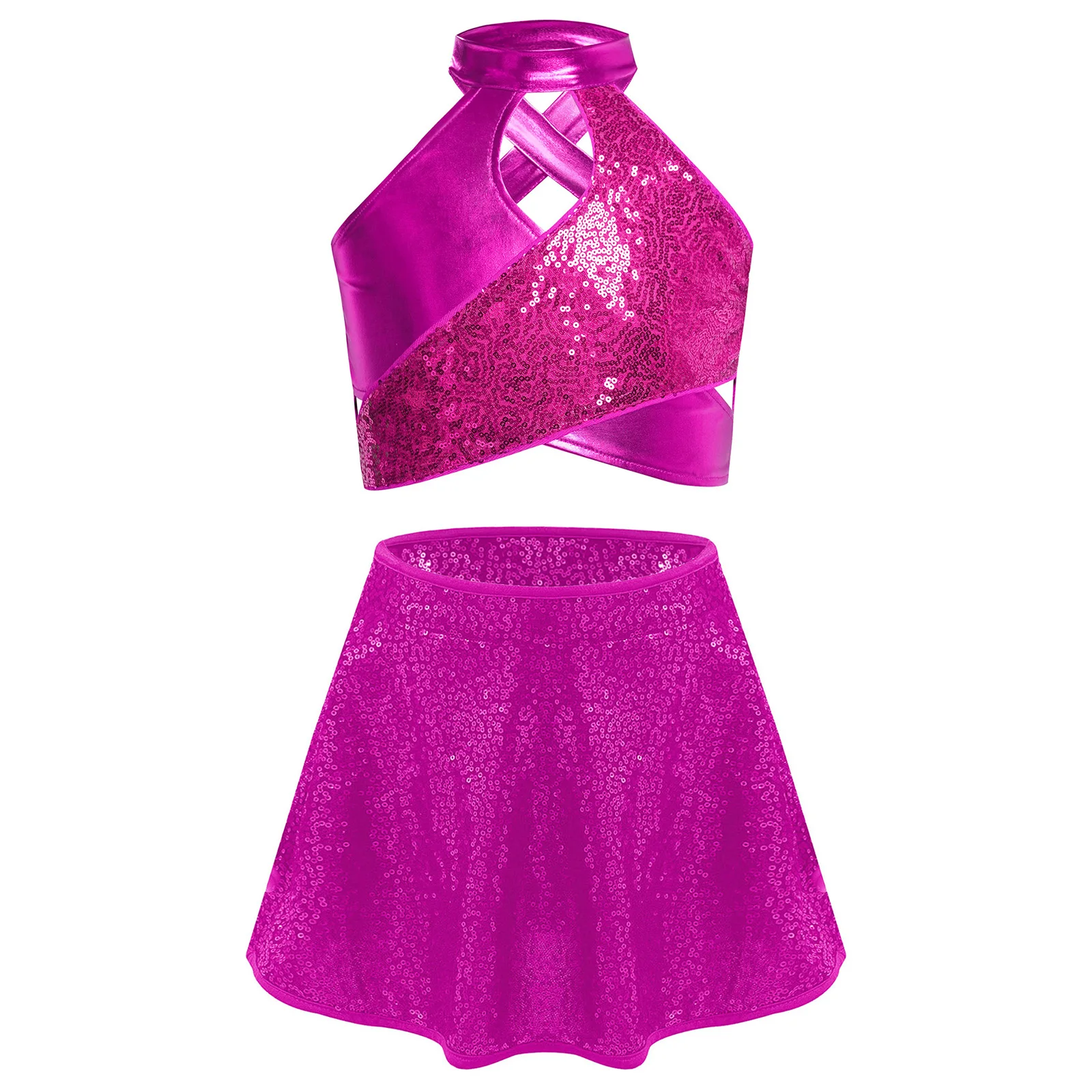 

Kids Girls Shiny Sequin Dance Set Outfit for Jazz Modern Dancing Stage Performance Sleeveless Crop Top with Skirts Dancewear