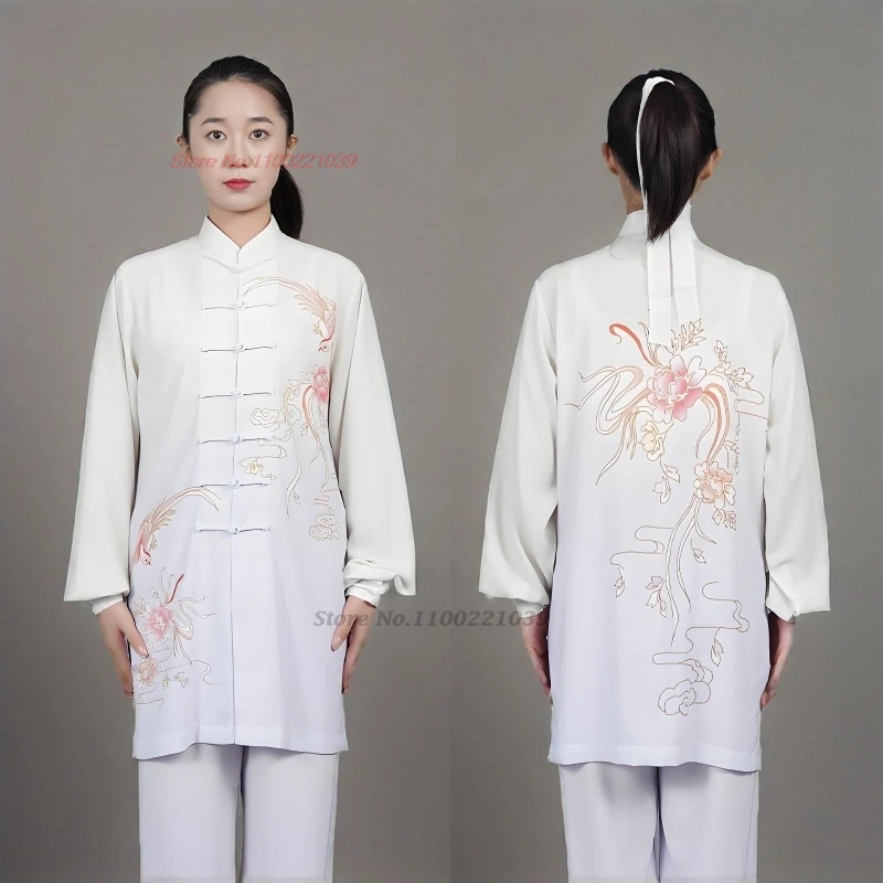 

2025 chinese vintage tai chi wushu kungfu tops+pants set martial arts tai chi national flower print training team performance