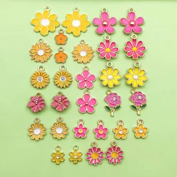 30pcs Yellow & Rose Red Enamel Flower Charms Alloy Small Daisies, Chrysanthemum Pendants For DIY Jewelry Making Accessories