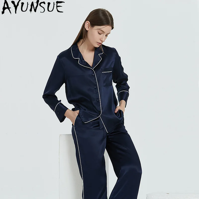 AYUNSUE 100% Genuine Silk Pajamas for Women 22MM Silk Night Wear Female 2026 Spring Summer Sleepwear Bathrobes Пижама Женская