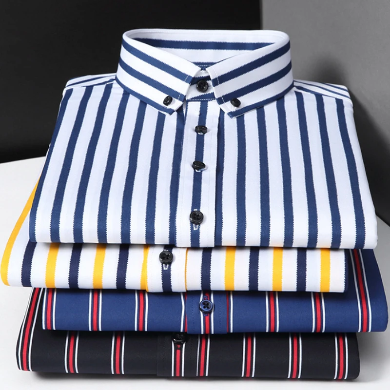 New elastic wrinkle resistant men\'s long sleeved formal shirt, high-quality men\'s slim fit social business striped men clothing