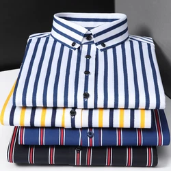 New elastic wrinkle resistant men's long sleeved formal shirt, high-quality men's slim fit social business striped men clothing