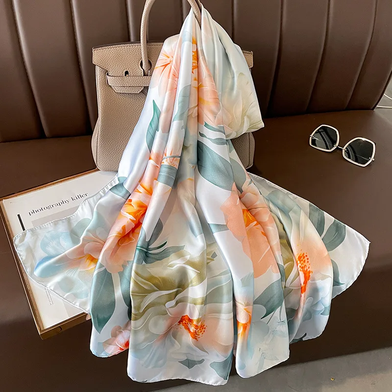 Fashion Print Satin Finish Scarf Four Seasons Soft Long Shawls Women 180X90CM Beach Stoles Luxury Brand Sunscreen Silk Scarves