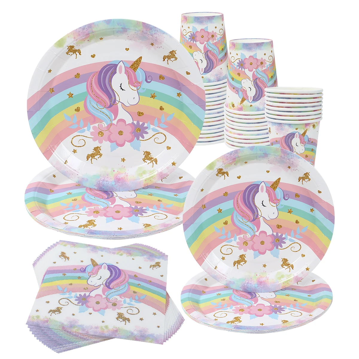 Suministros para fiesta de unicornio, platos de papel de unicornio arcoíris, vasos, servilletas para Baby Shower, decoraciones para fiesta de cumpleaños de primeras niñas
