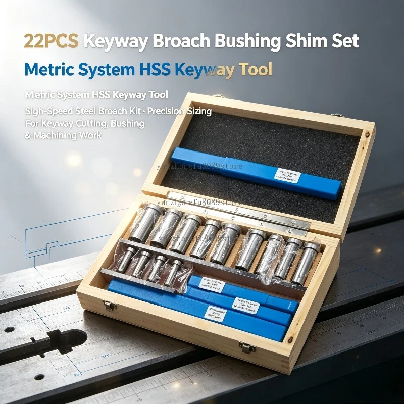 22PCS Keyway Broach Bushing Shim Set, Metric System HSS Keyway Tool, High-Speed Steel Kit for Precision Machining