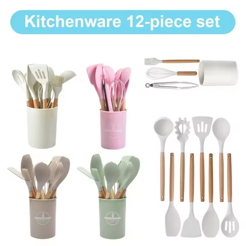 

New 12PCS Non-Stick Silicone Kitchen Utensil Set with Wooden Handle - Heat-Resistant Spatula, Shovel & Egg Beaters for Kitchen