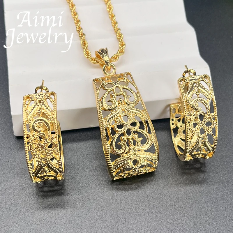 Retro Hollow Original 18K Gold Plated Jewelry Set Earrings Necklace Pendant Exquisite Trendy Party Dubai Bridal Wedding Gifts