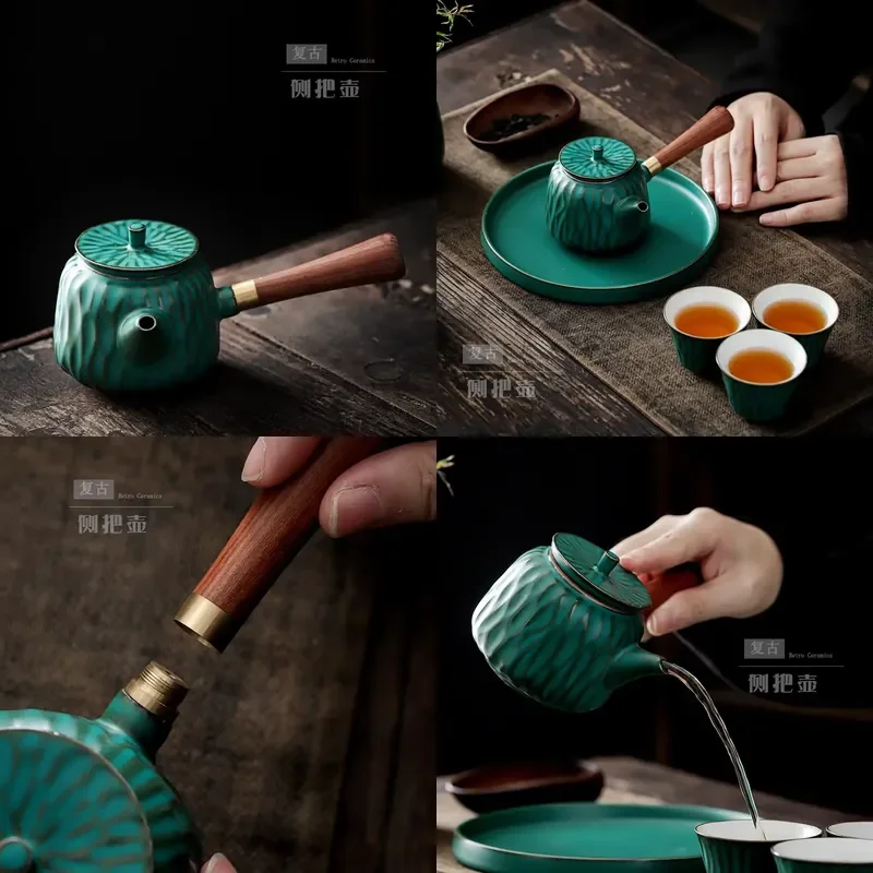 

【CHIMU HOME】 Japanese Style Coarse Pottery Side Handle Pot for Antique Wooden Handle Teapot Kung Fu Set Vintage Single