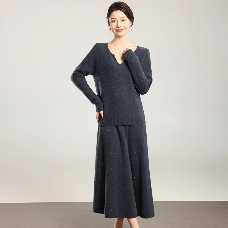 Round V-neck cashmere sweater with sequined pullover sweater, half body skirt, women's two-piece set, wool knitted base